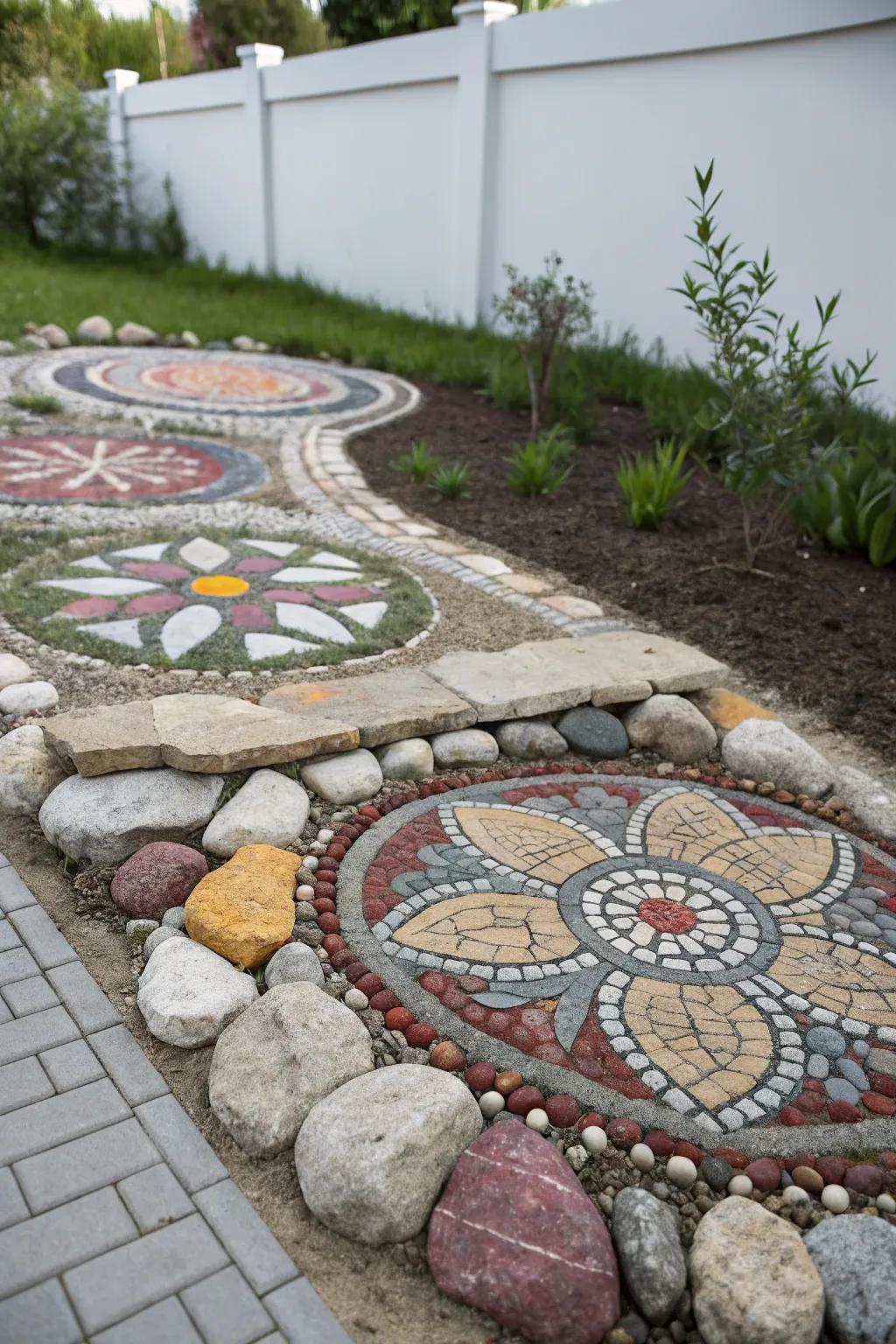 Artistic stone patterns add a creative flair to the garden.