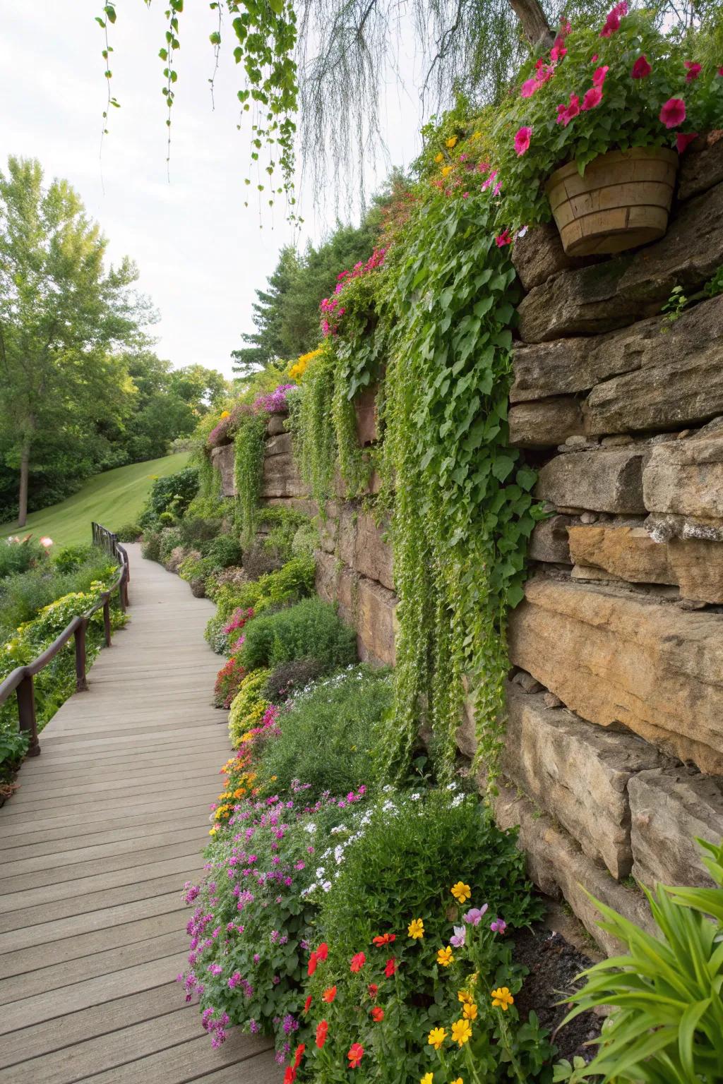 Vertical planting transforms rock walls into living art.