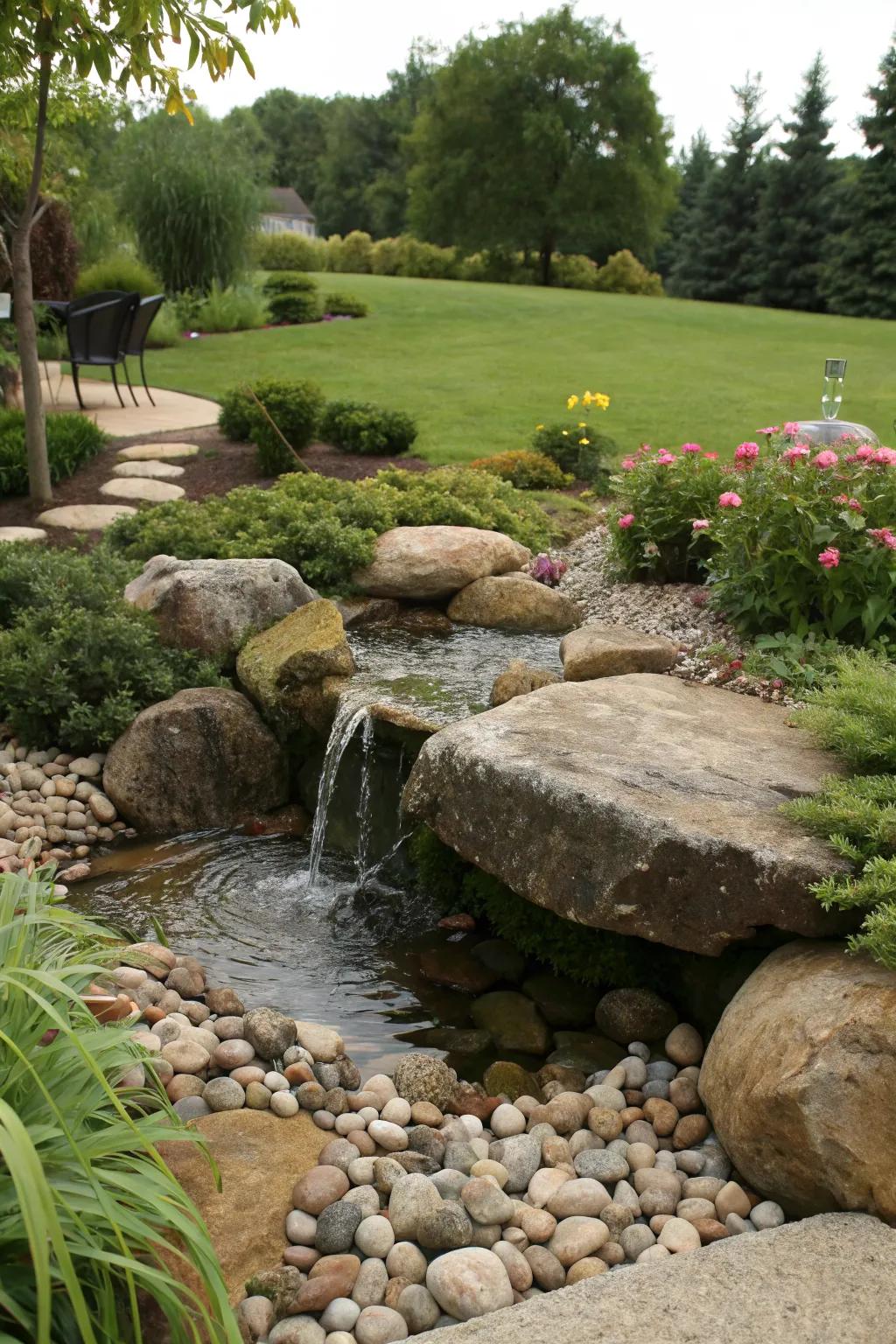 Pebbles provide texture and complement the rock water feature.