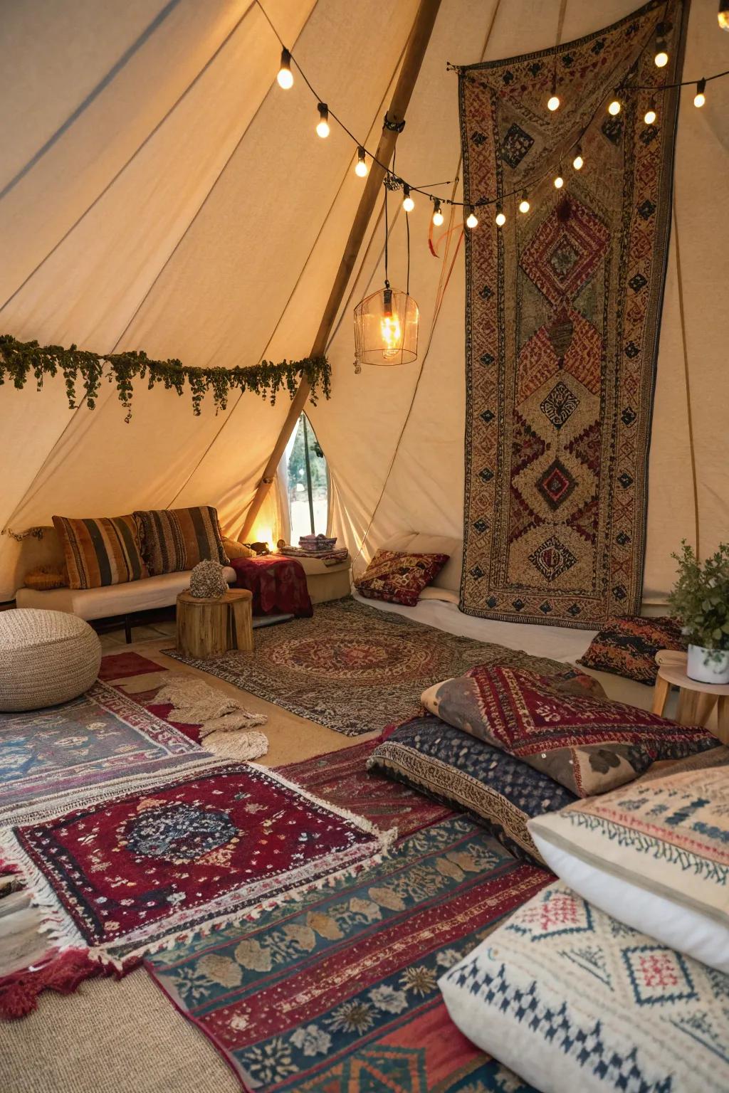 Bohemian decor adds charm and personality to a tent.