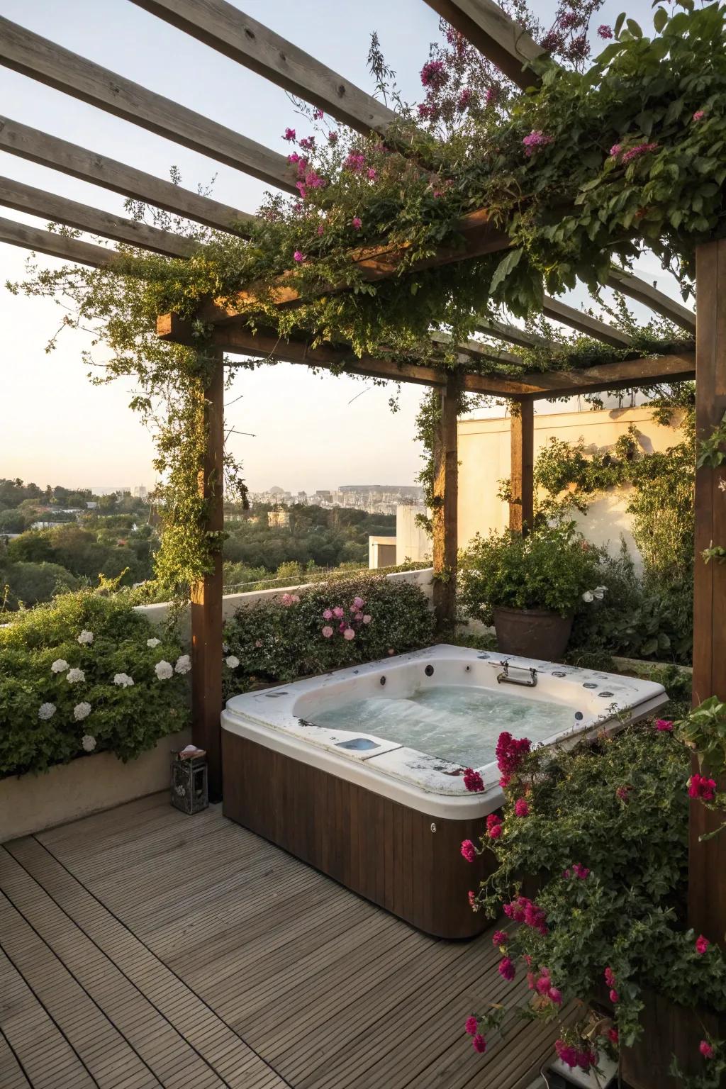 Create a shaded retreat with a rooftop jacuzzi under an elegant pergola.
