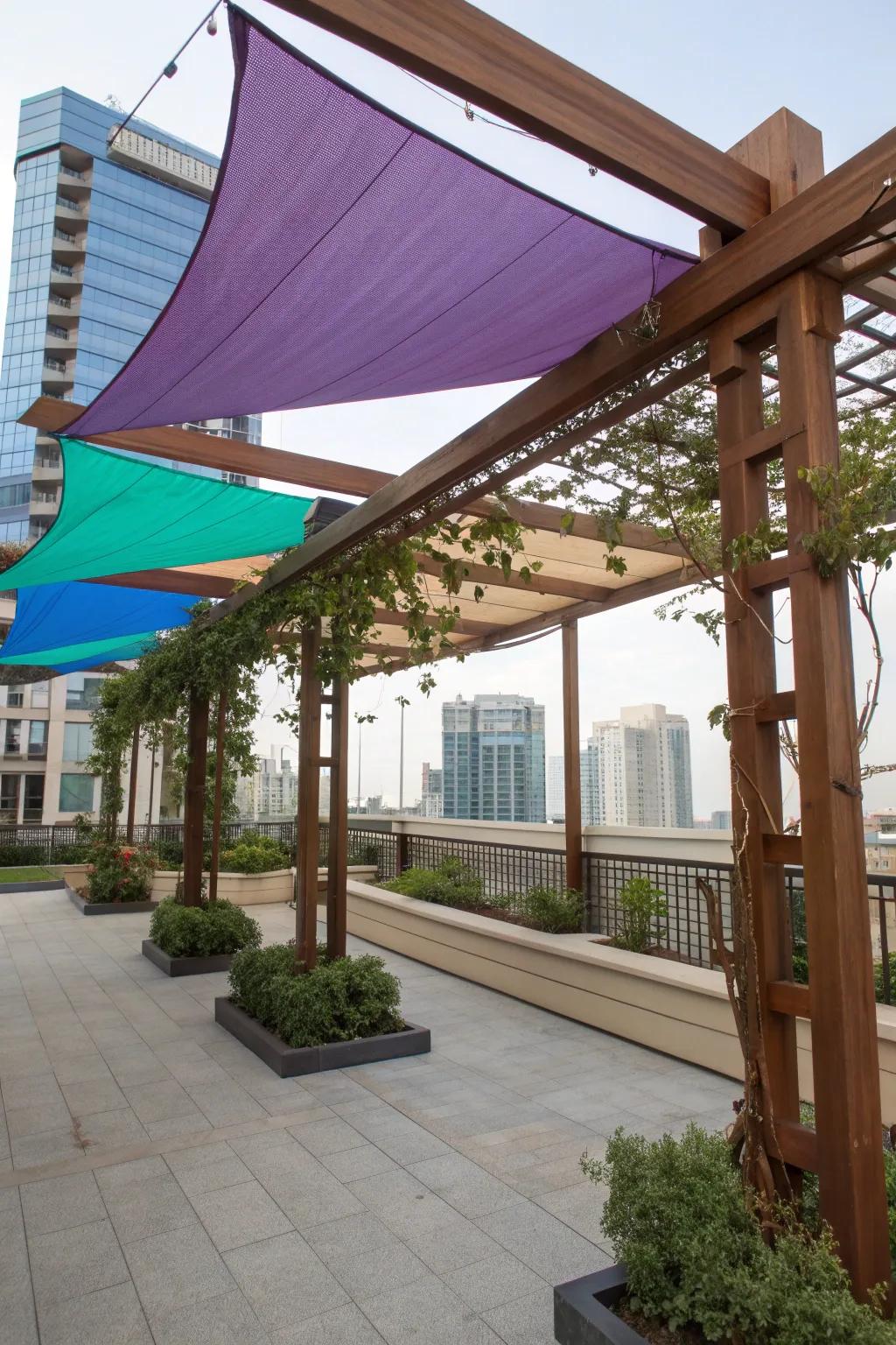 Dynamic shade sails add style and function to the pergola.