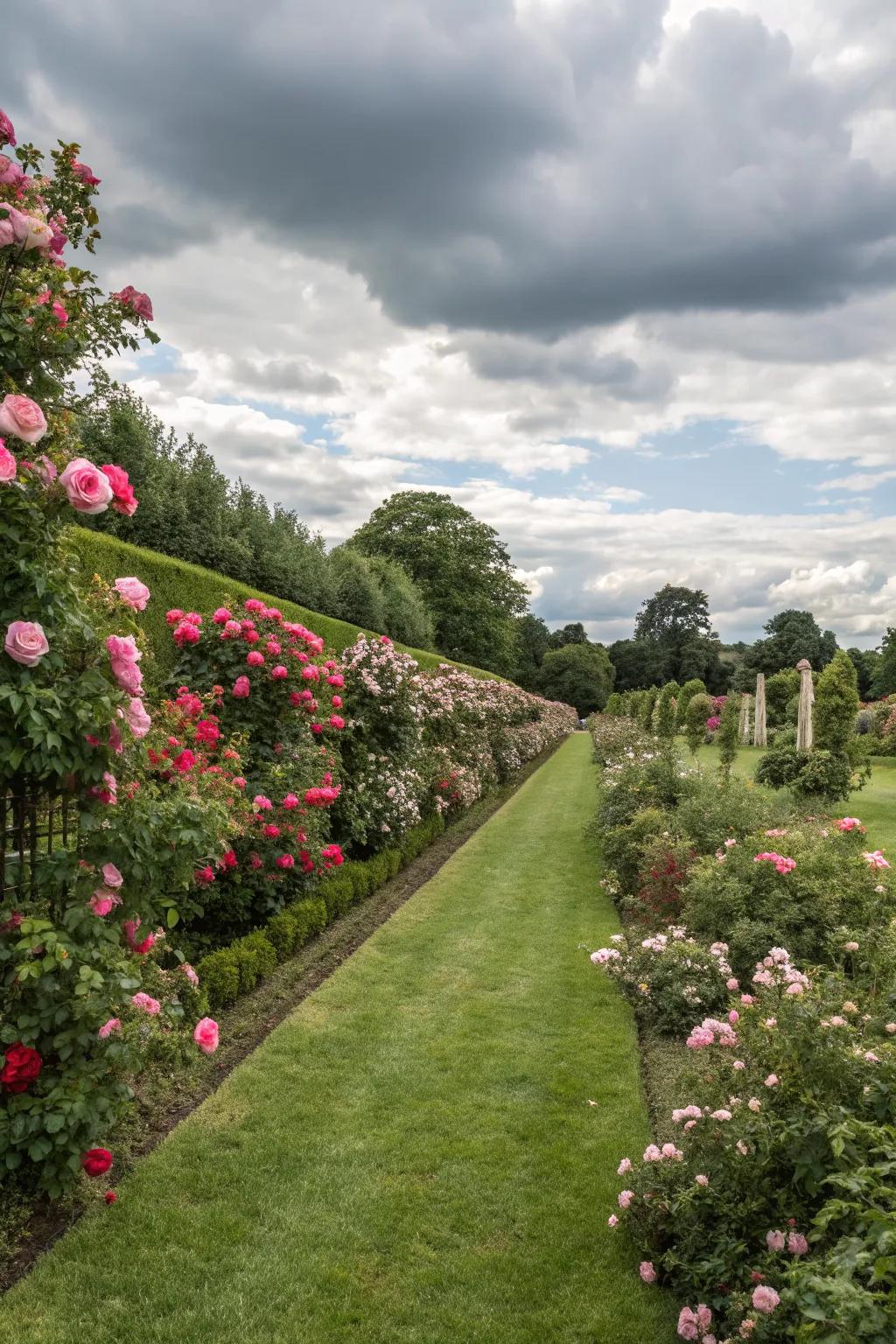 Roses form a beautiful hedge, providing both structure and color to the garden.