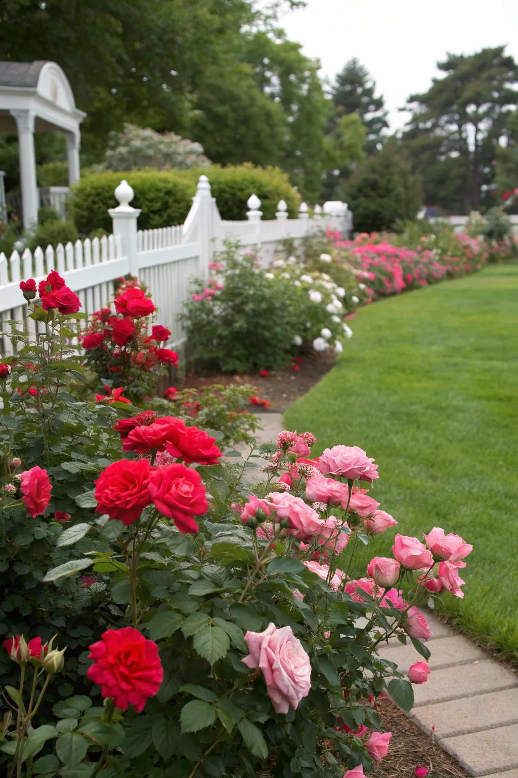 A bold and colorful rose garden with vibrant hues.