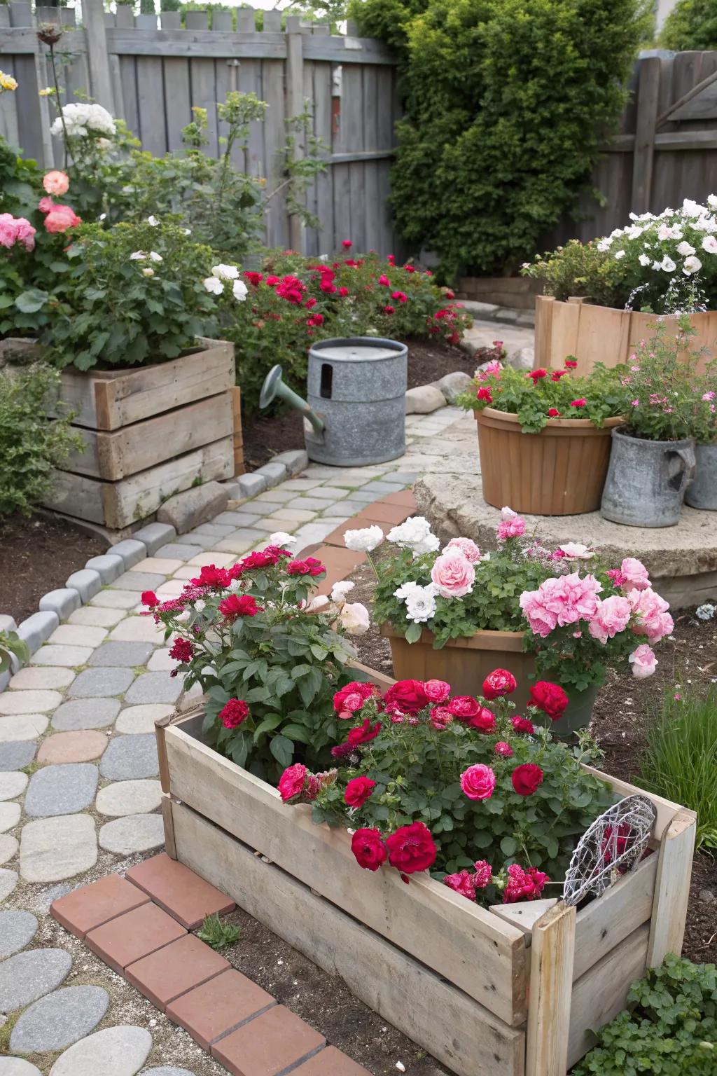 A personalized DIY rose garden using creative elements.