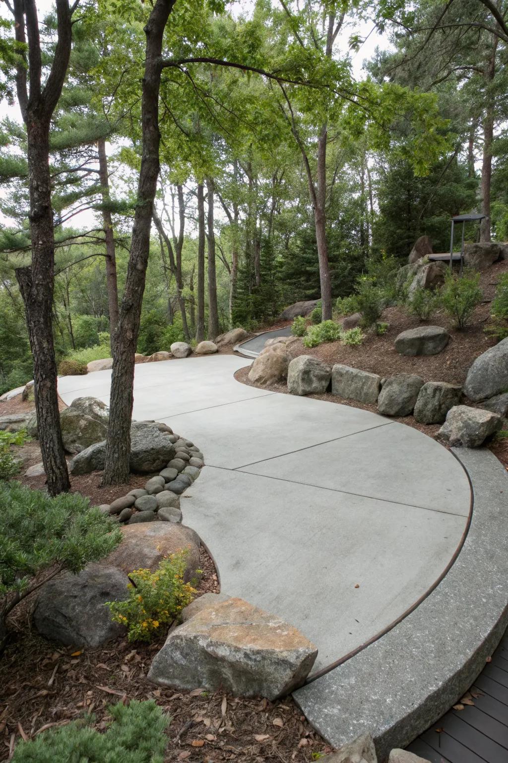 Natural elements create a seamless transition from patio to landscape.