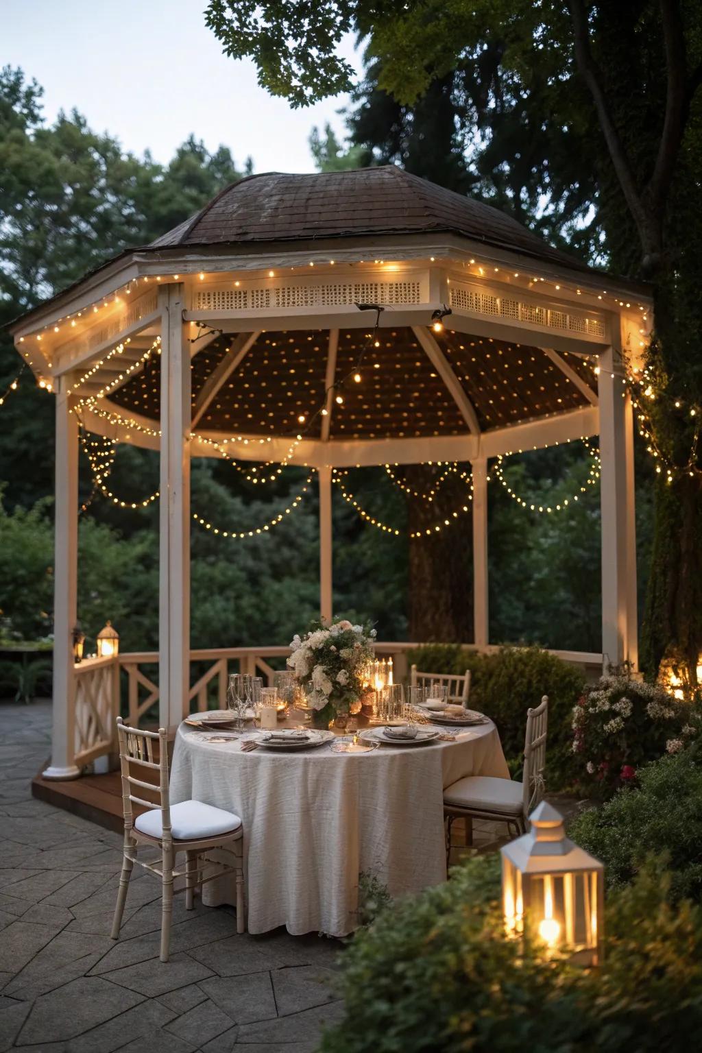 A round gazebo transformed into a charming outdoor dining area.