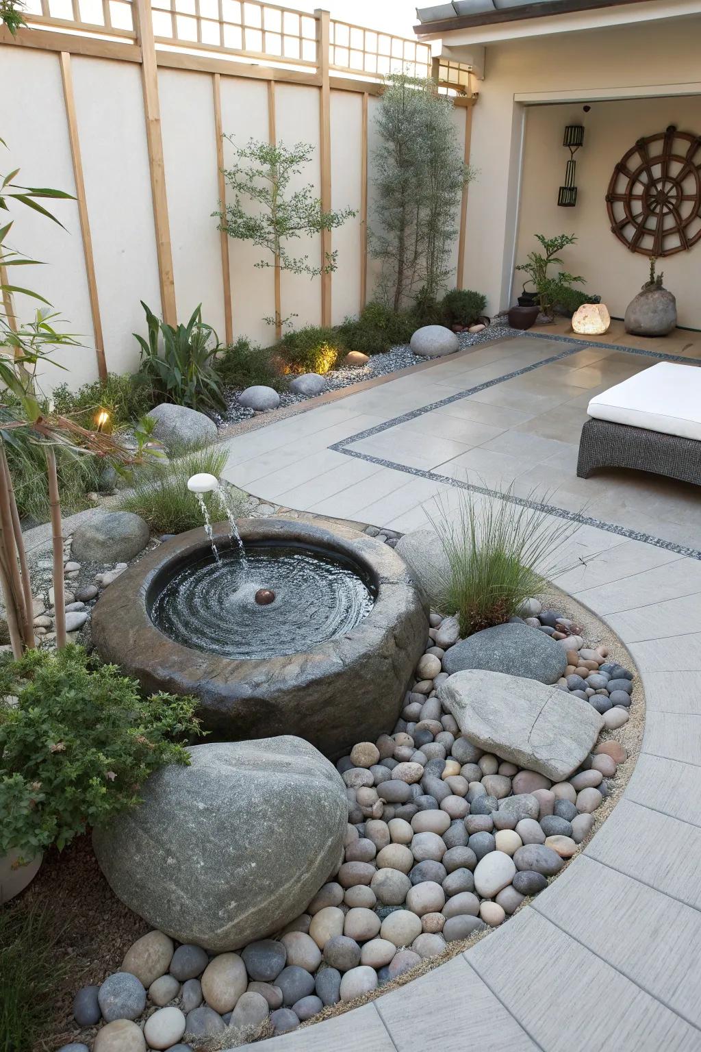 A round patio styled as a Zen garden, offering tranquility and relaxation.