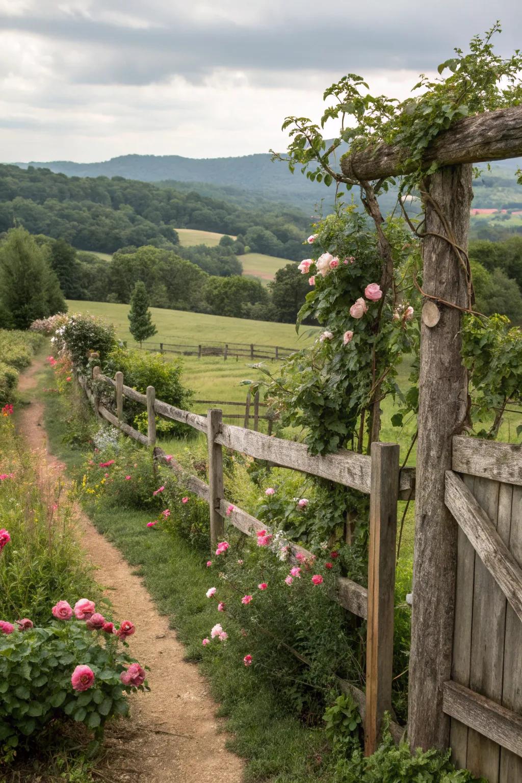 Rustic fencing defines spaces while maintaining natural charm.
