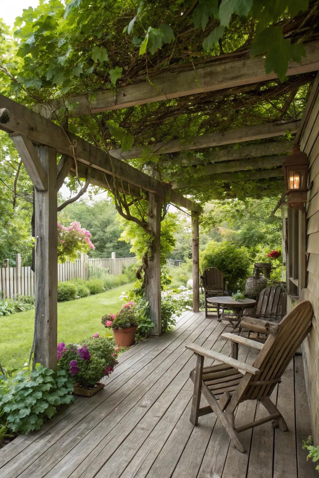 A pergola draped in vines provides both shelter and beauty.