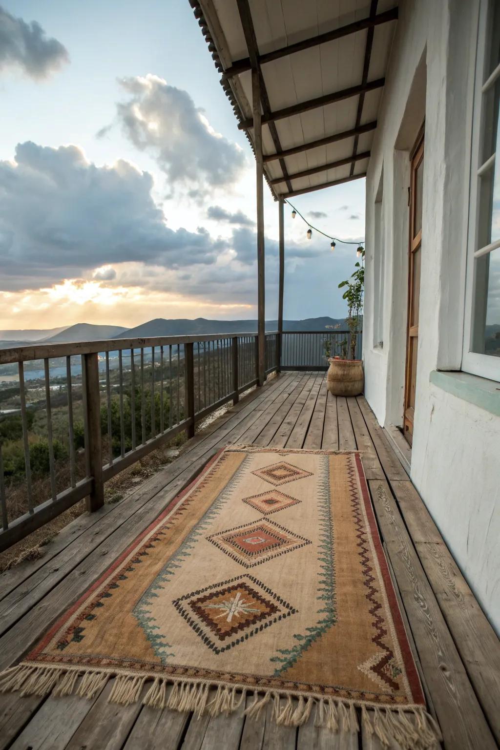 A rustic balcony made inviting with an outdoor rug in earthy tones.