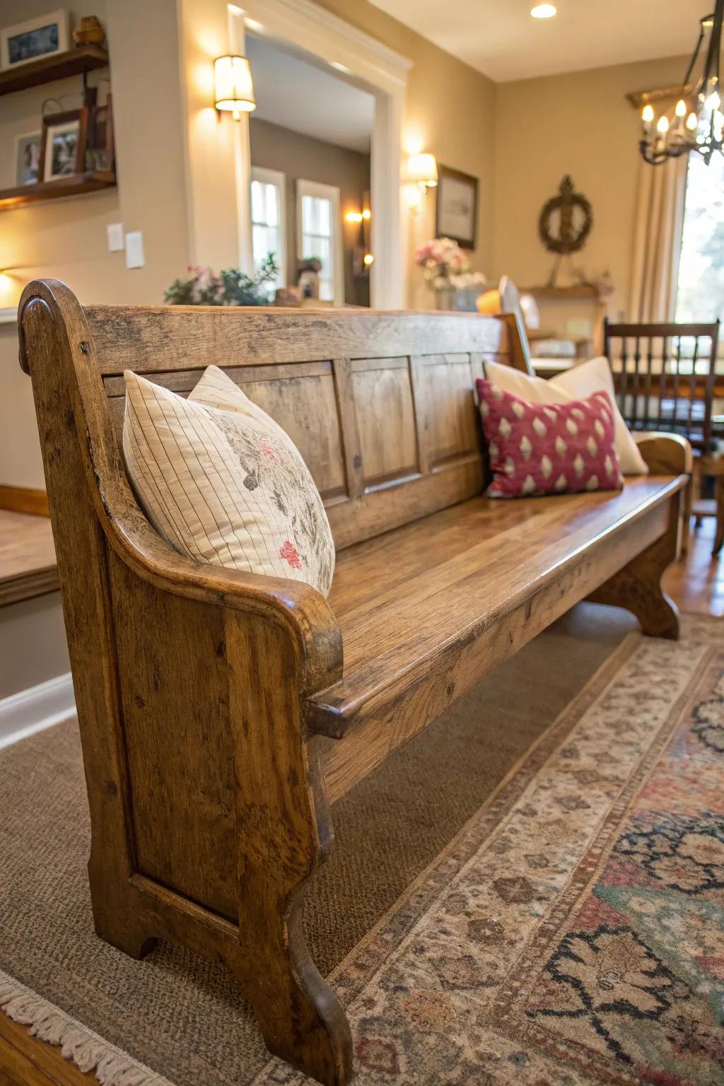 Bring vintage vibes into your home with an antique finish bench.