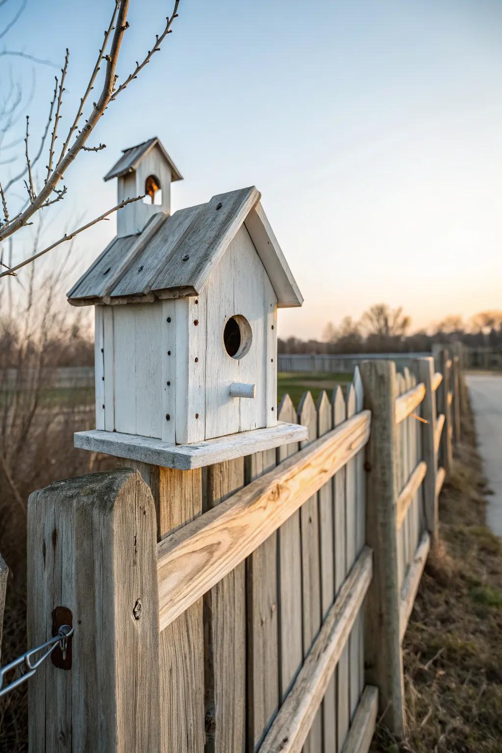 A charming farmhouse-style birdhouse with rustic appeal.