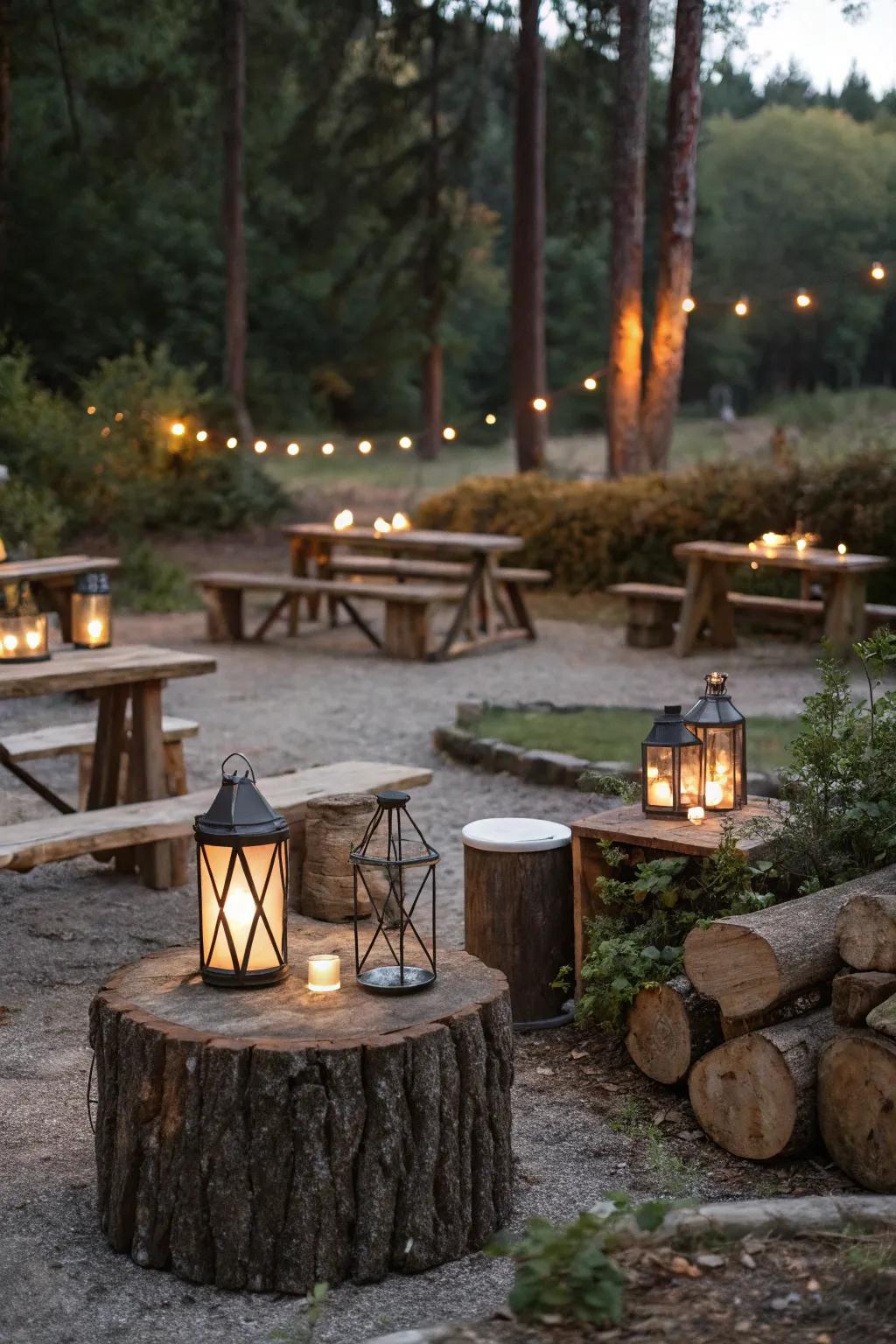 Lanterns offer charming accent lighting around a rustic fire pit.