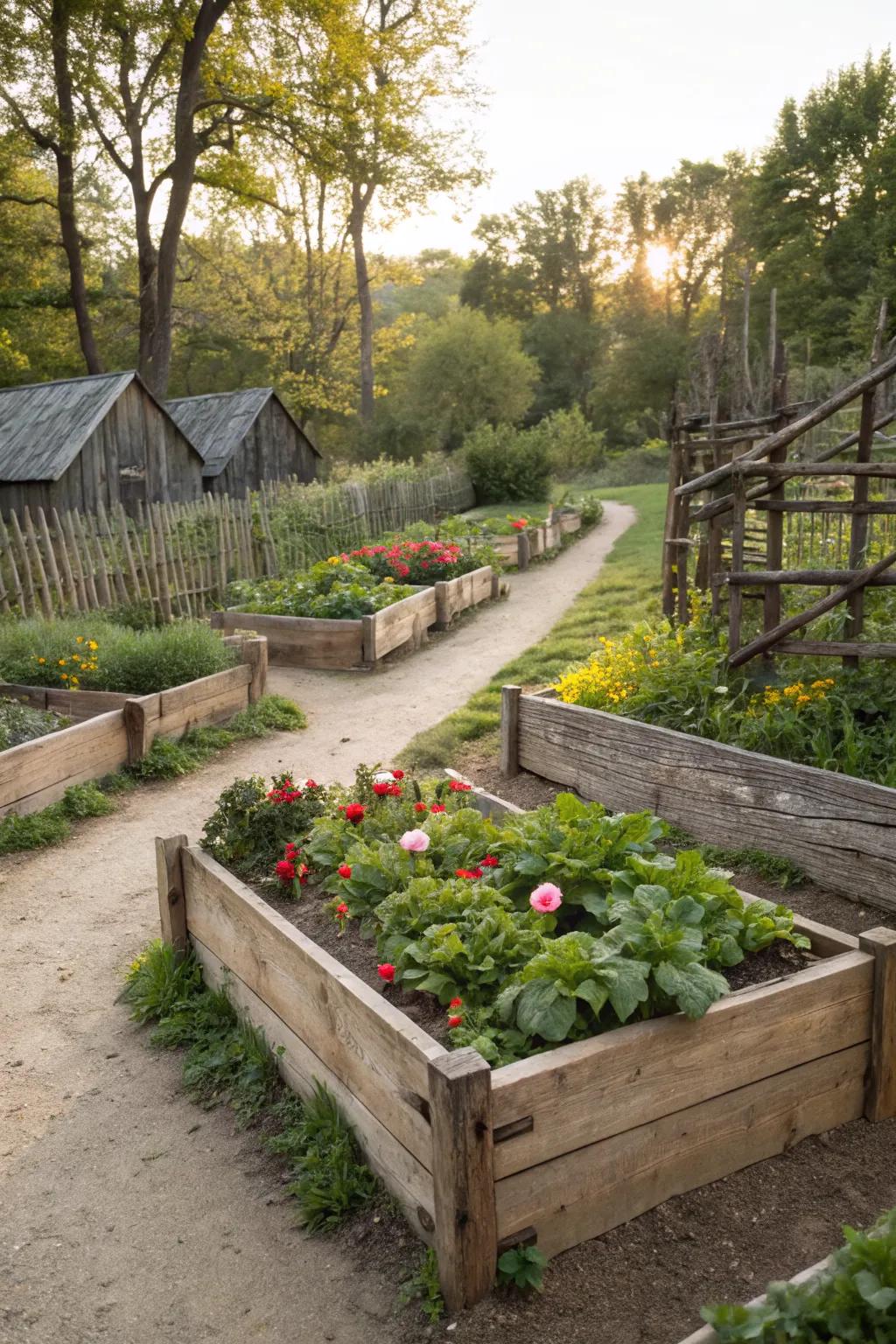 Raised wooden beds add practicality and charm to this rustic garden.