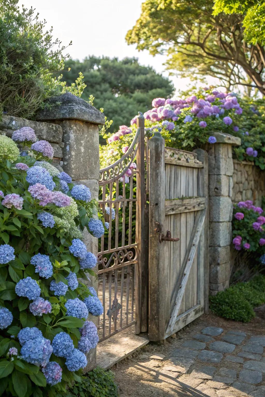 A cottage-style garden gate with blooming hydrangeas.