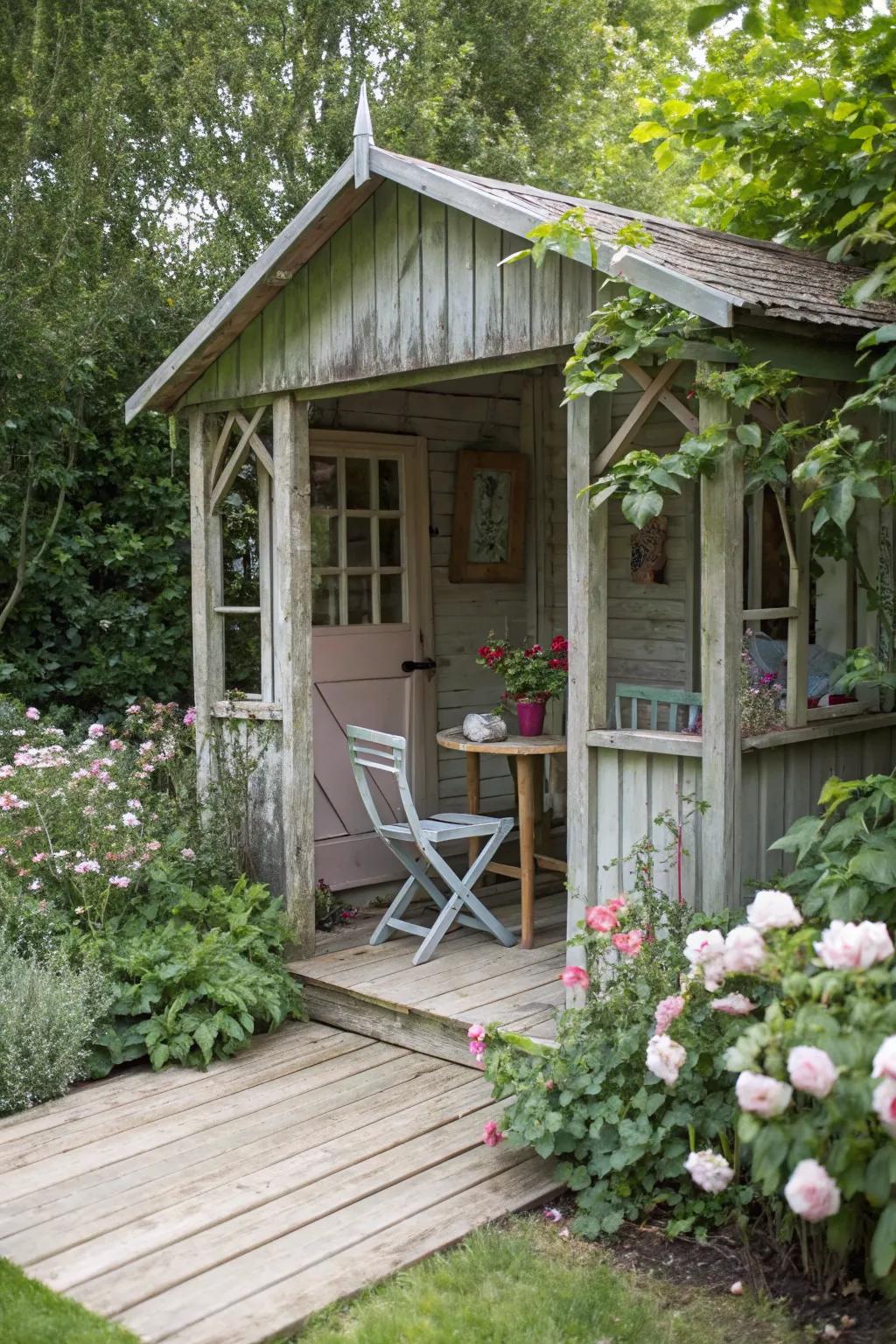 Shabby chic furniture creates a welcoming outdoor living space.