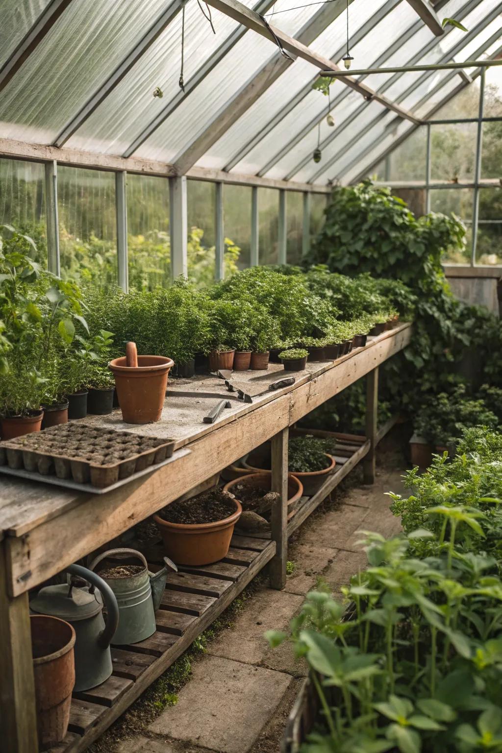 A potting bench adds both utility and charm to the greenhouse.