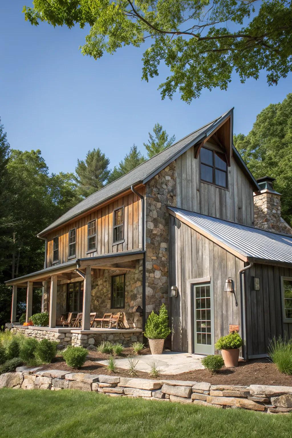 A blend of materials creates a distinctive rustic look.