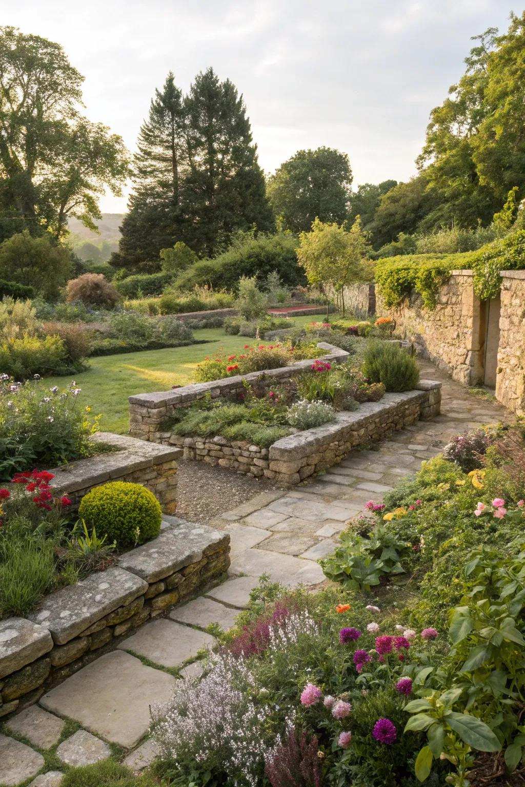 Natural borders provide structure and harmony in rustic gardens.