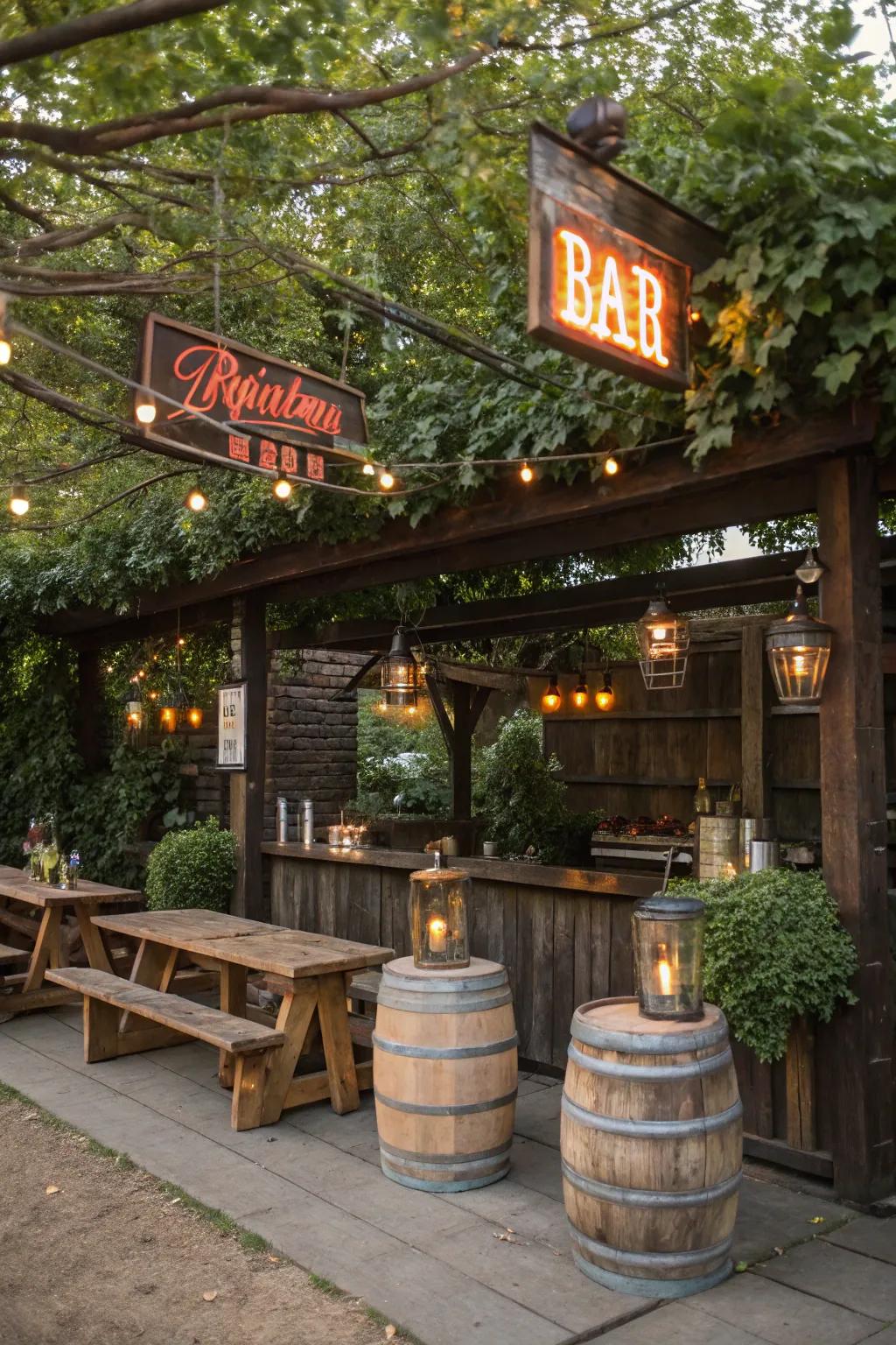 Vintage signage adds character and charm to this rustic bar.