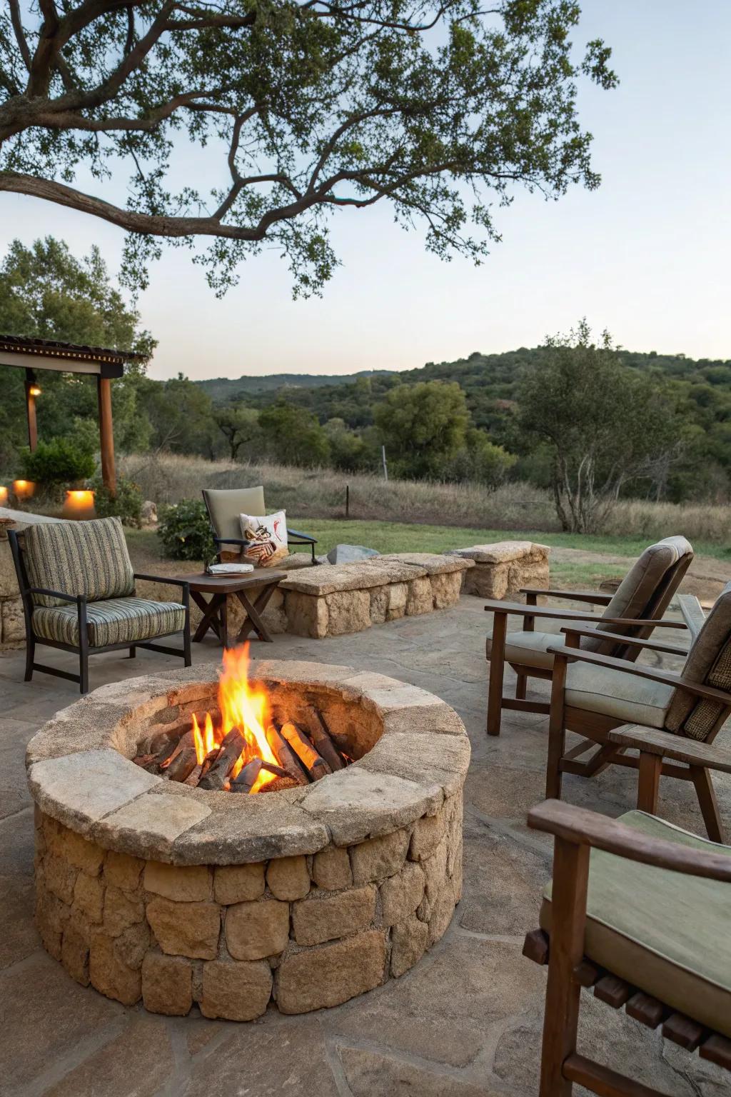 A rustic fire pit creates a casual gathering spot for outdoor enjoyment.