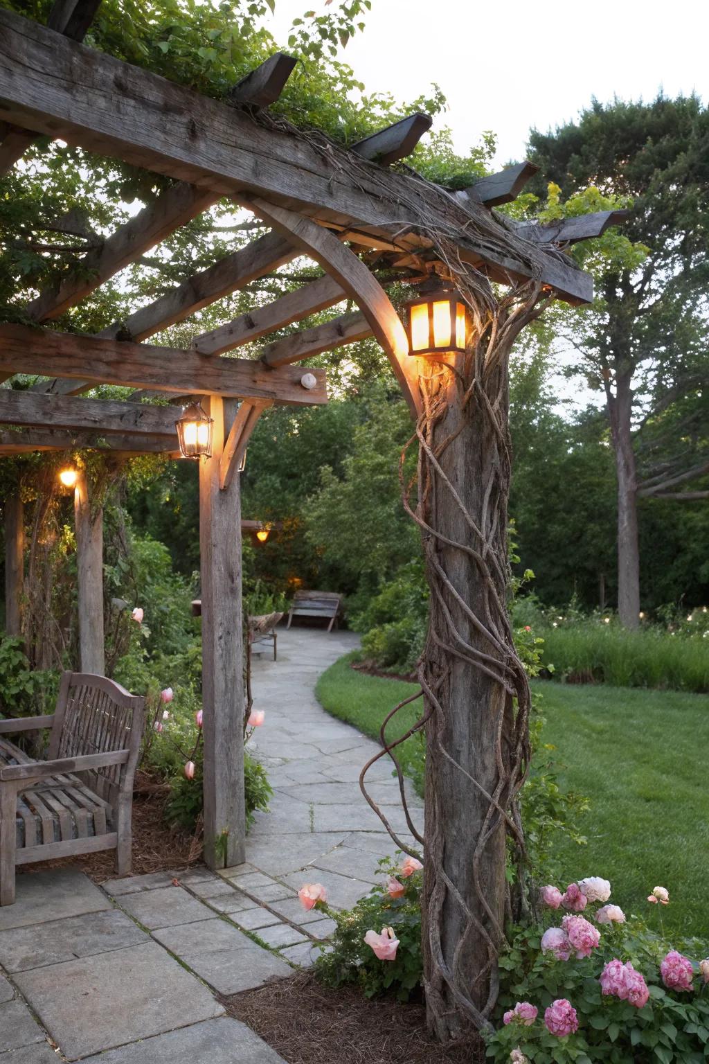 Integrated lights in a pergola creating a serene evening spot.
