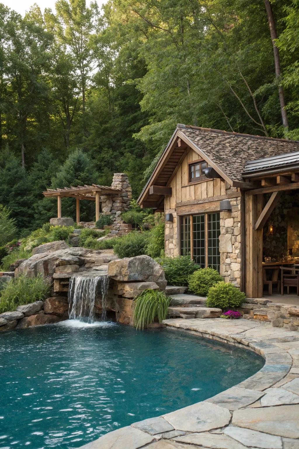 A stunning rock waterfall enhances the rustic pool setting.