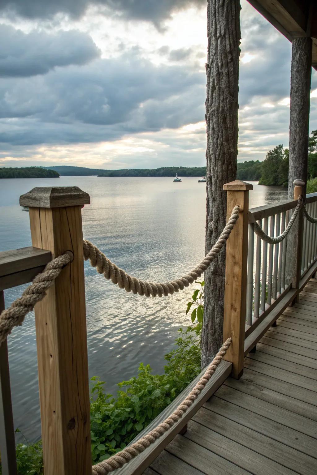 Rope accents add nautical charm to rustic railings.