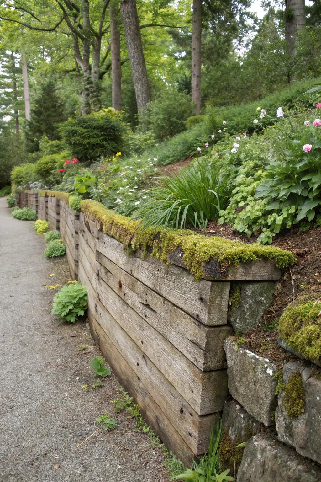 Natural warmth with wooden retaining walls.
