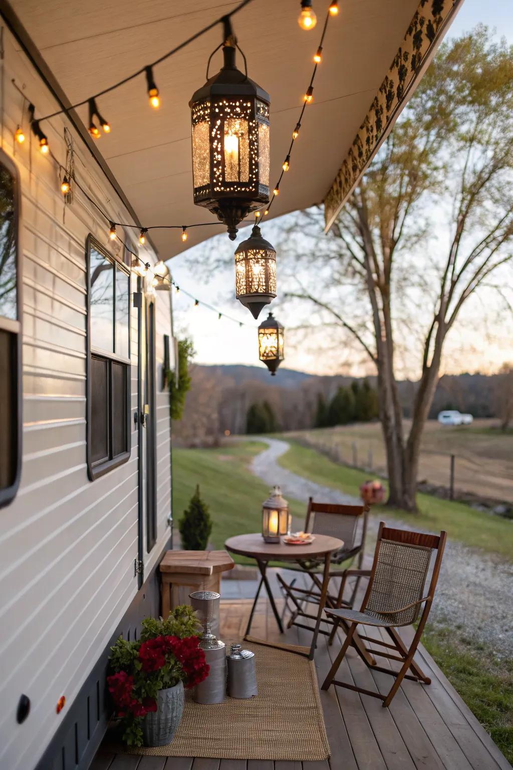 Decorative lanterns enhance both style and illumination.