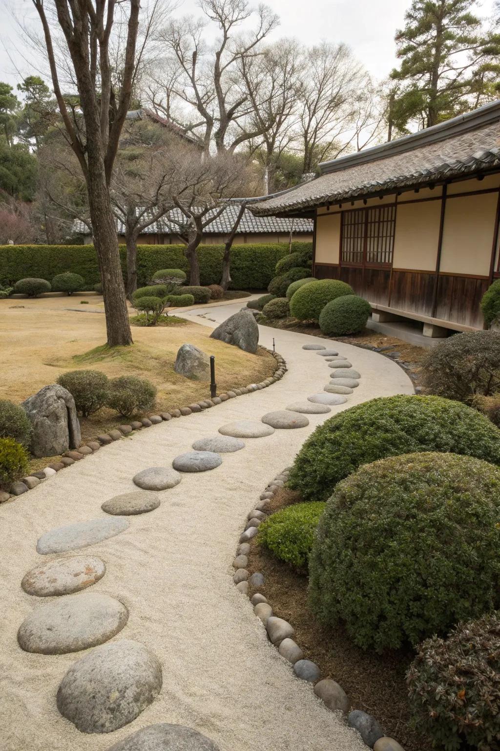 Zen-inspired sand walkway with round stones.
