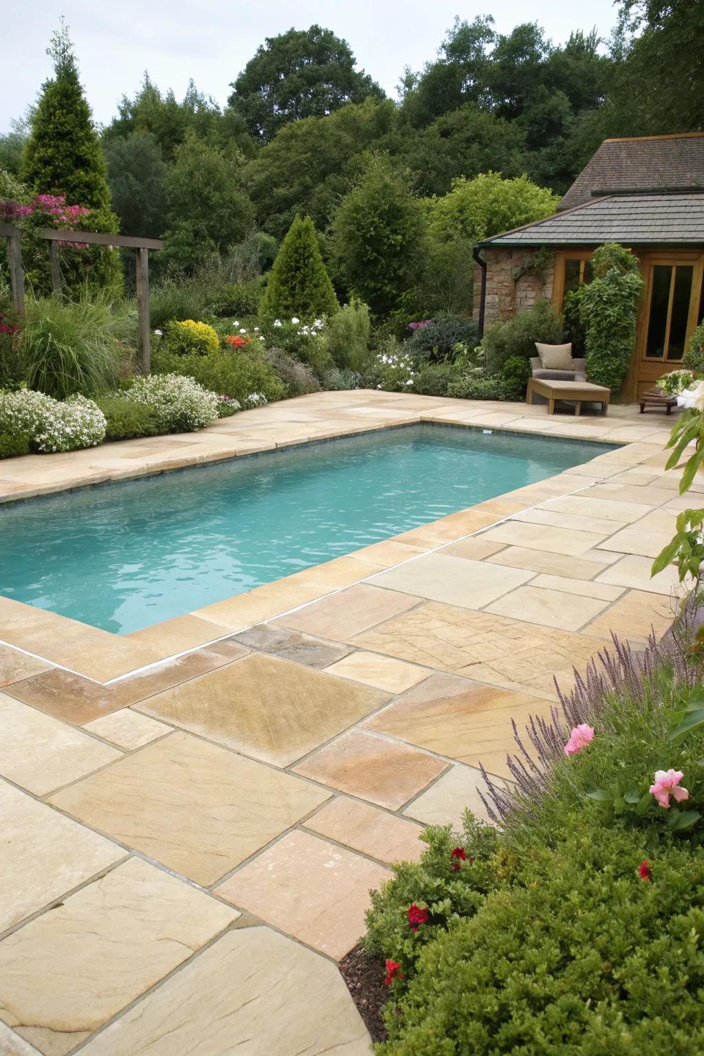 A pool area enhanced by natural sandstone paving.