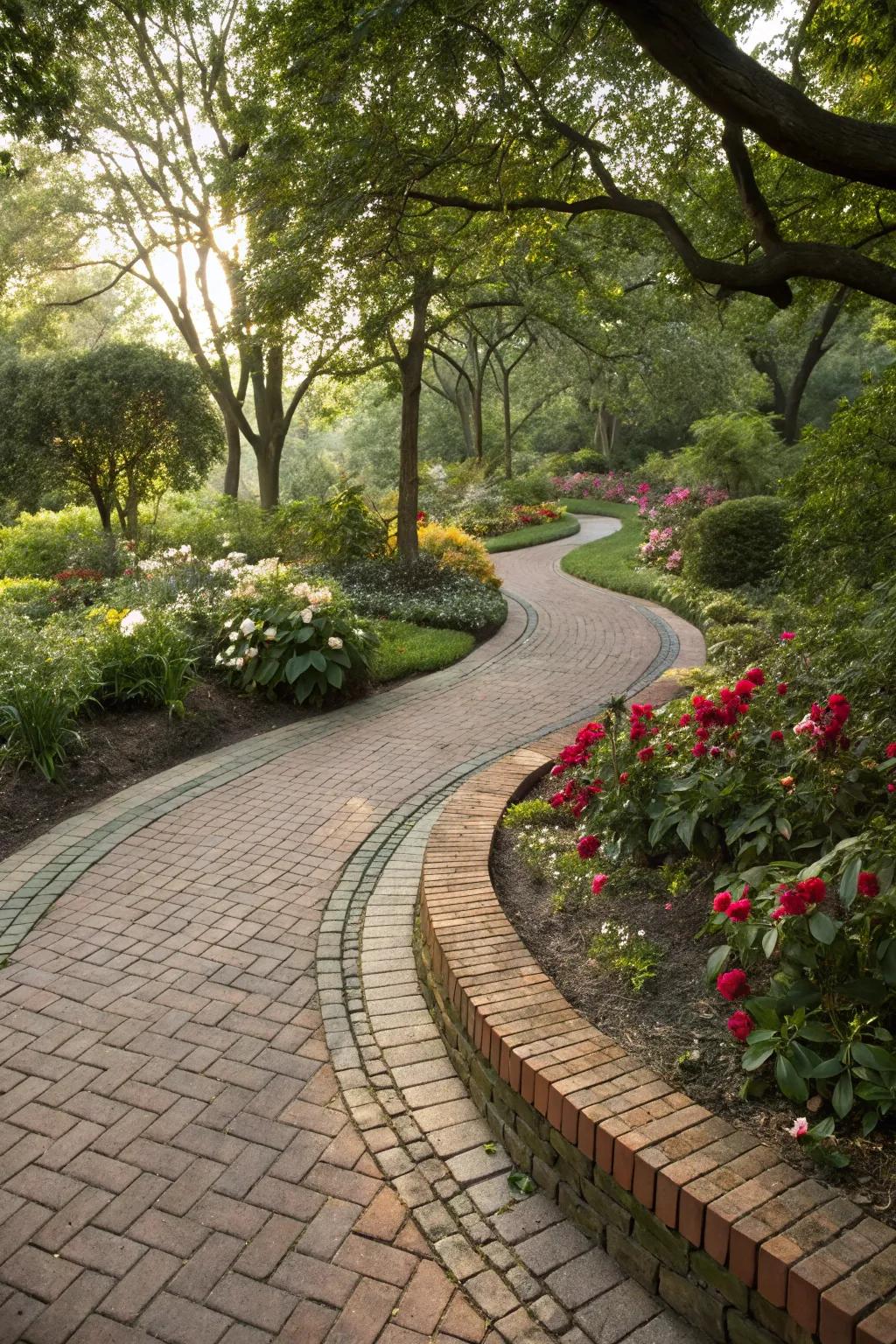 Curved garden pathway with scalloped brick edging.