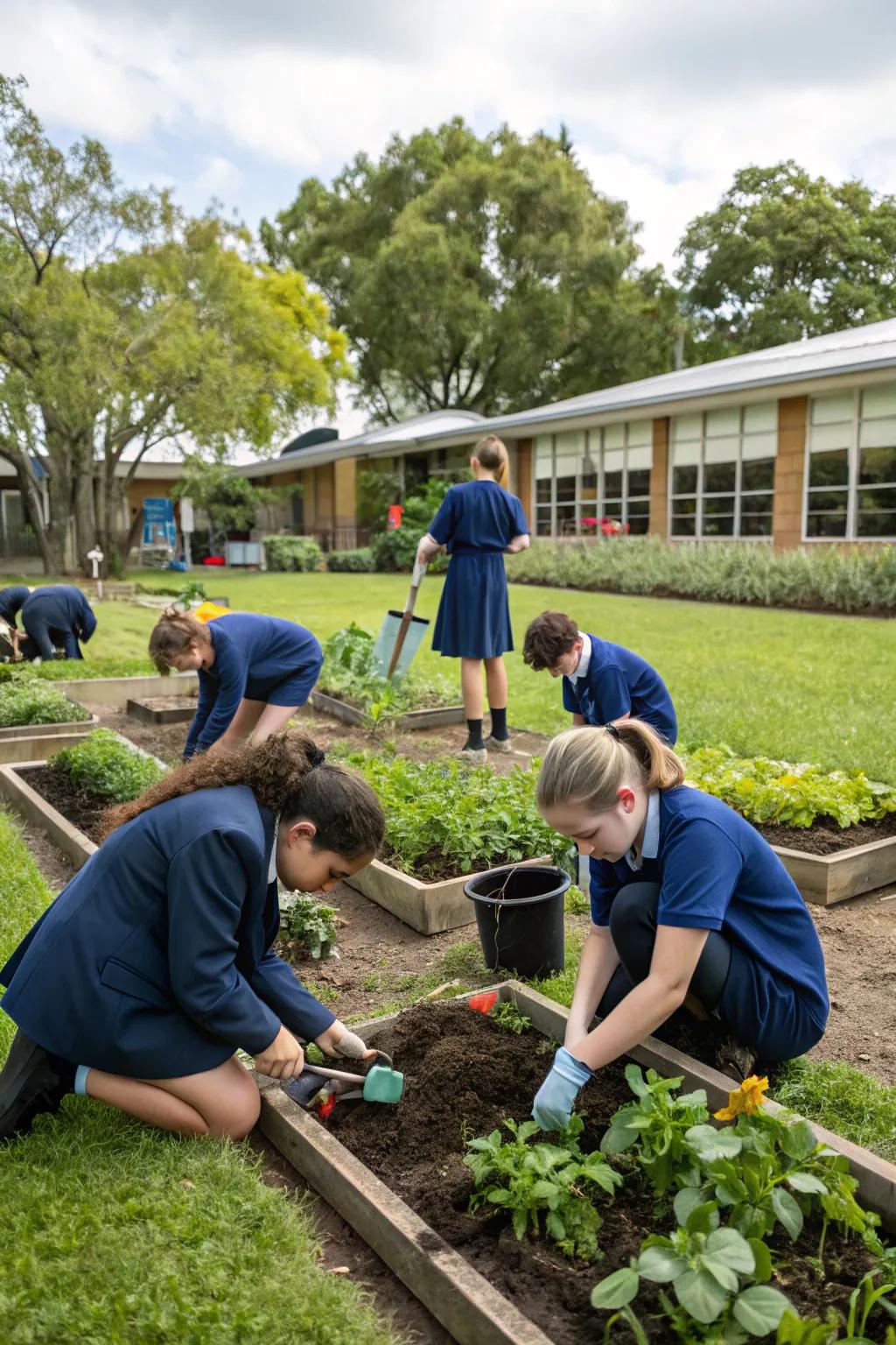 Students working collaboratively in the school garden, learning and growing together.