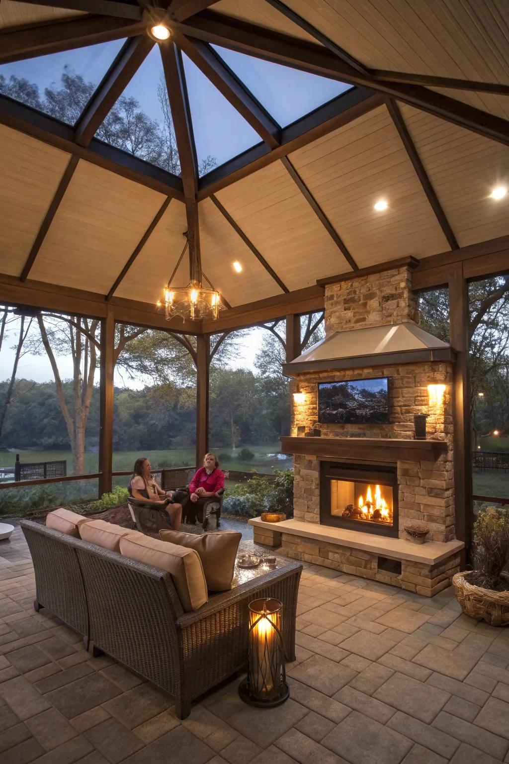 A pavilion with a central fireplace for cozy gatherings.