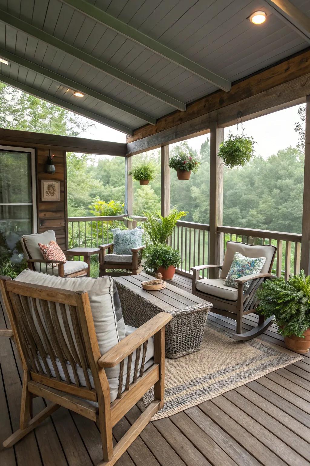 An eco-friendly screened-in porch showcasing recycled furniture and sustainable decor.