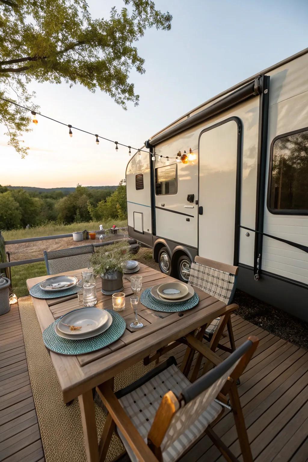A camper deck set for a delightful outdoor dining experience.