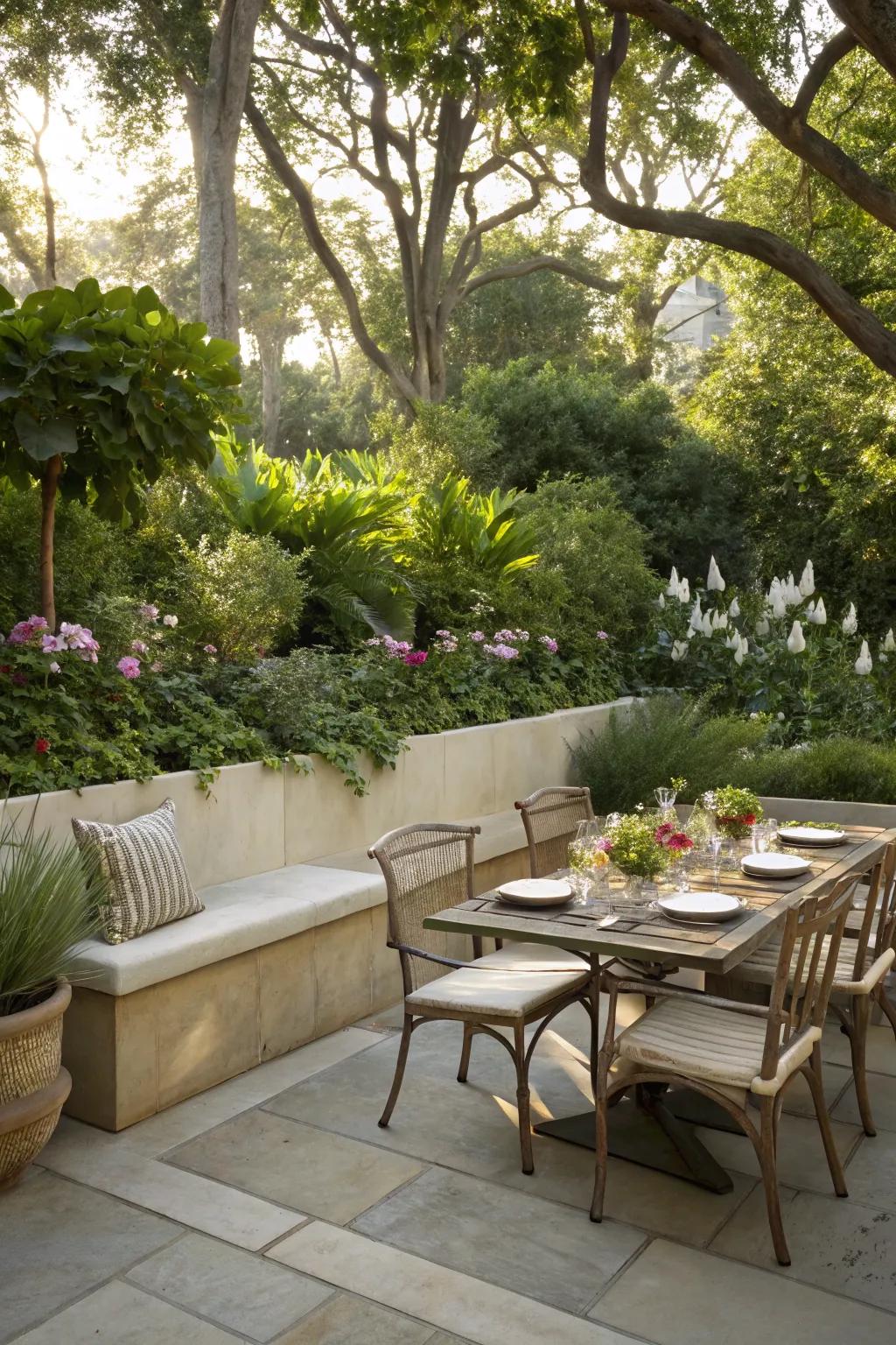 Seating wall enhancing an outdoor dining area.