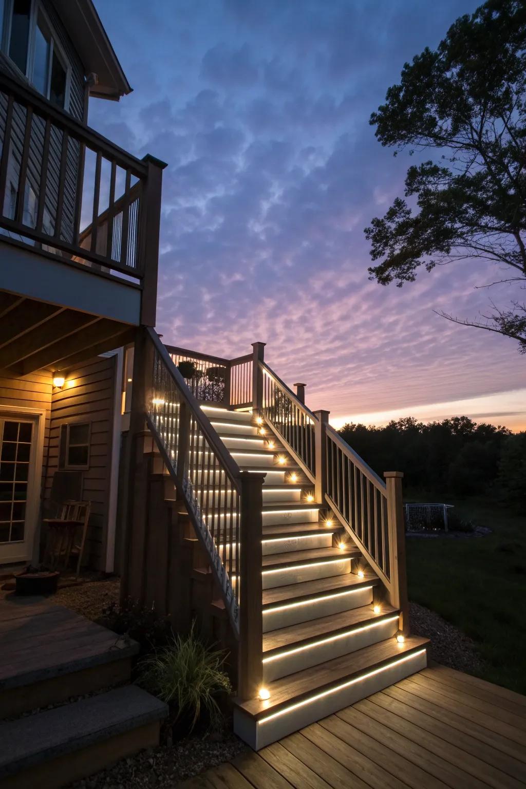 A second-story deck with elegantly lit stairs creating a warm evening ambiance.