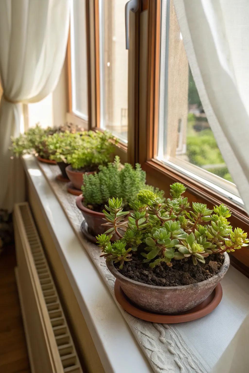 Compact sedum displays are perfect for small spaces.