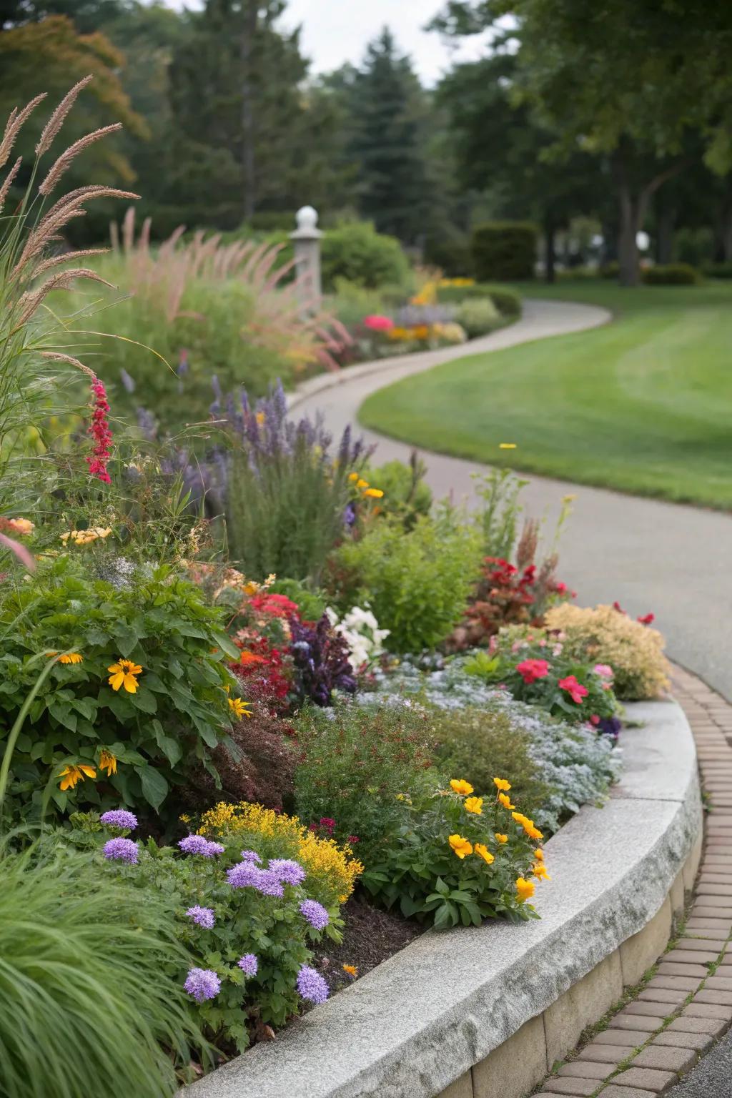 A mix of plant types adds texture to a semi-circle bed.