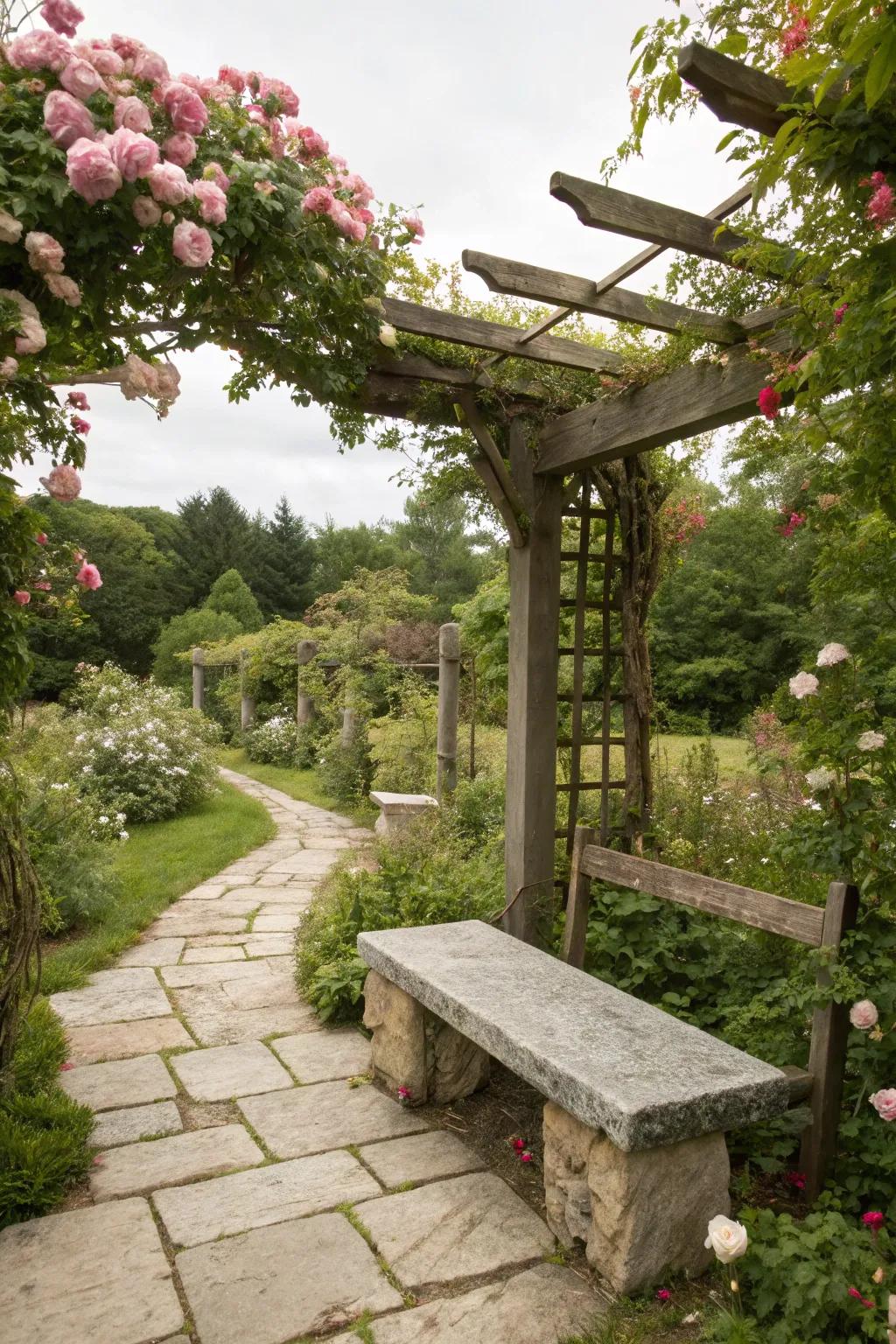 Natural materials like stone and wood adding rustic charm to the garden.