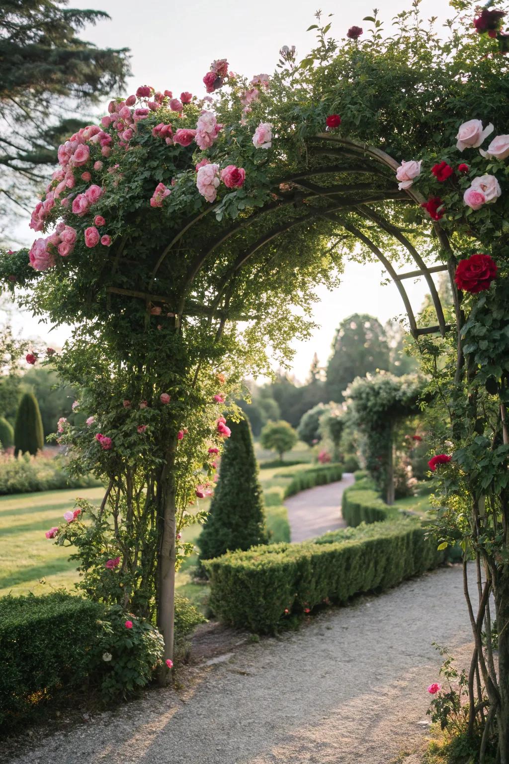 Garden structures like arches add romance and elegance.