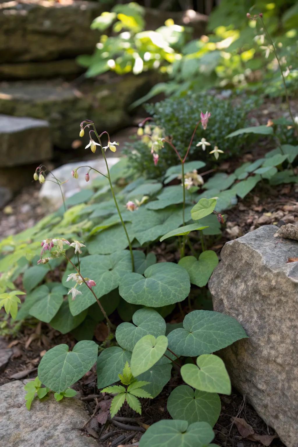 Epimedium adds a whimsical touch with its delicate blooms.