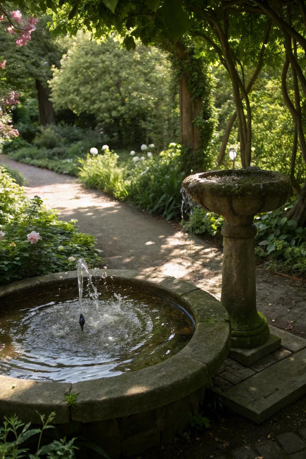 A water feature adds a soothing element to the garden.