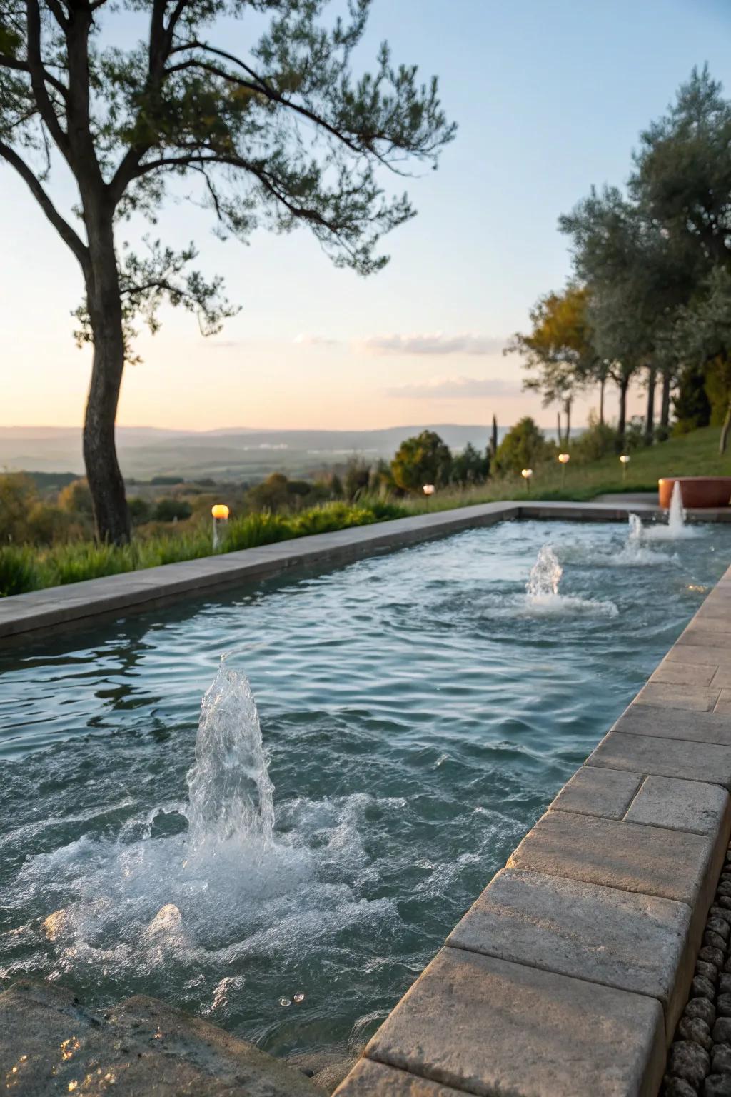 A shallow pool enhanced by gentle water features.
