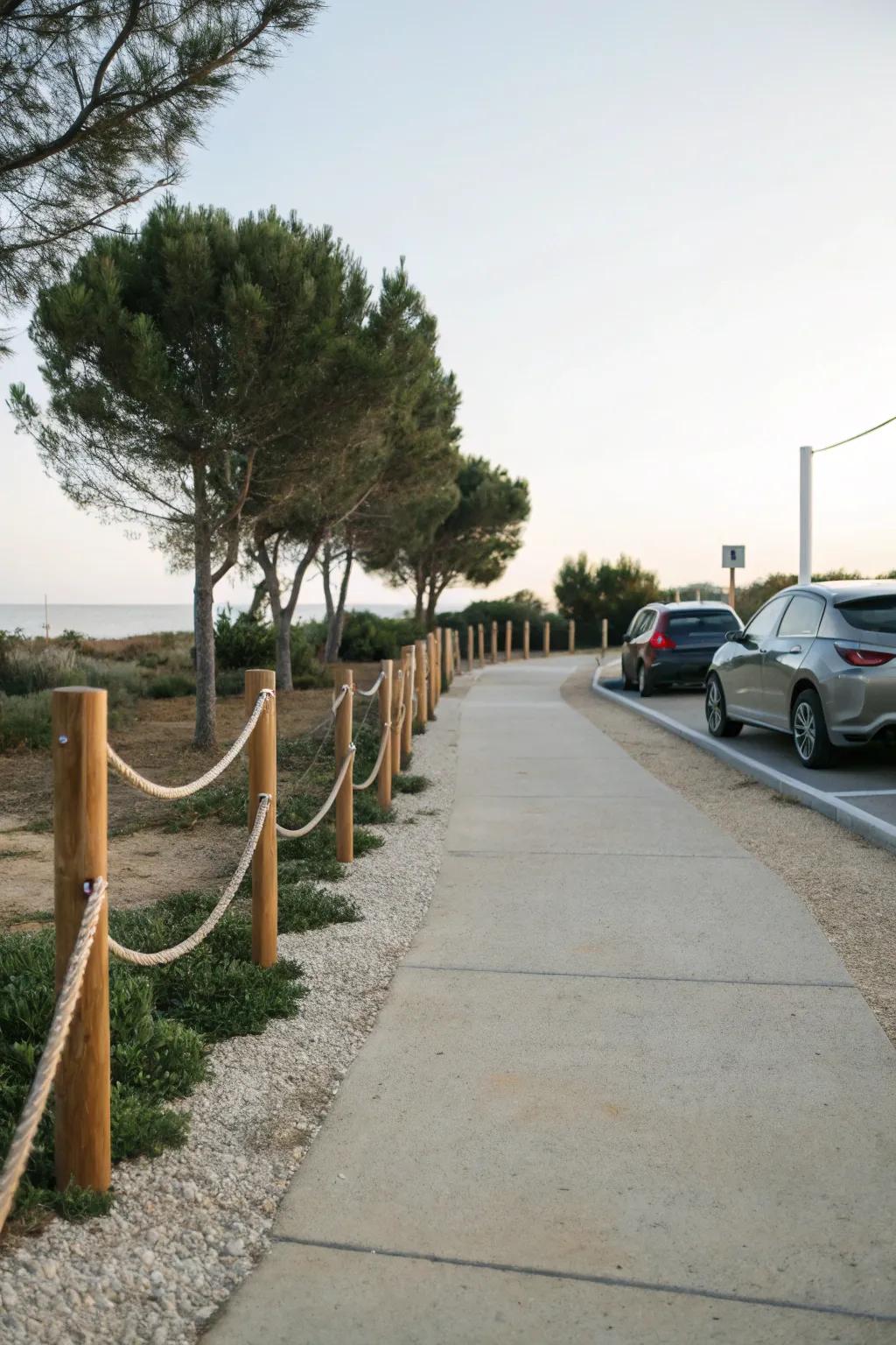 A rope barrier offers a minimalist touch to shared driveways.