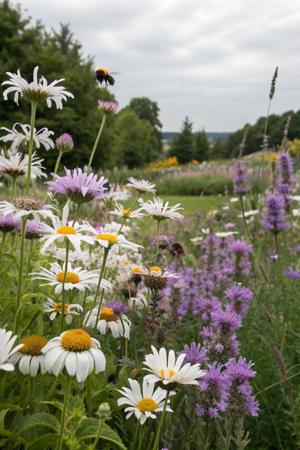 A vibrant pollinator paradise with Shasta daisies attracting bees and butterflies.