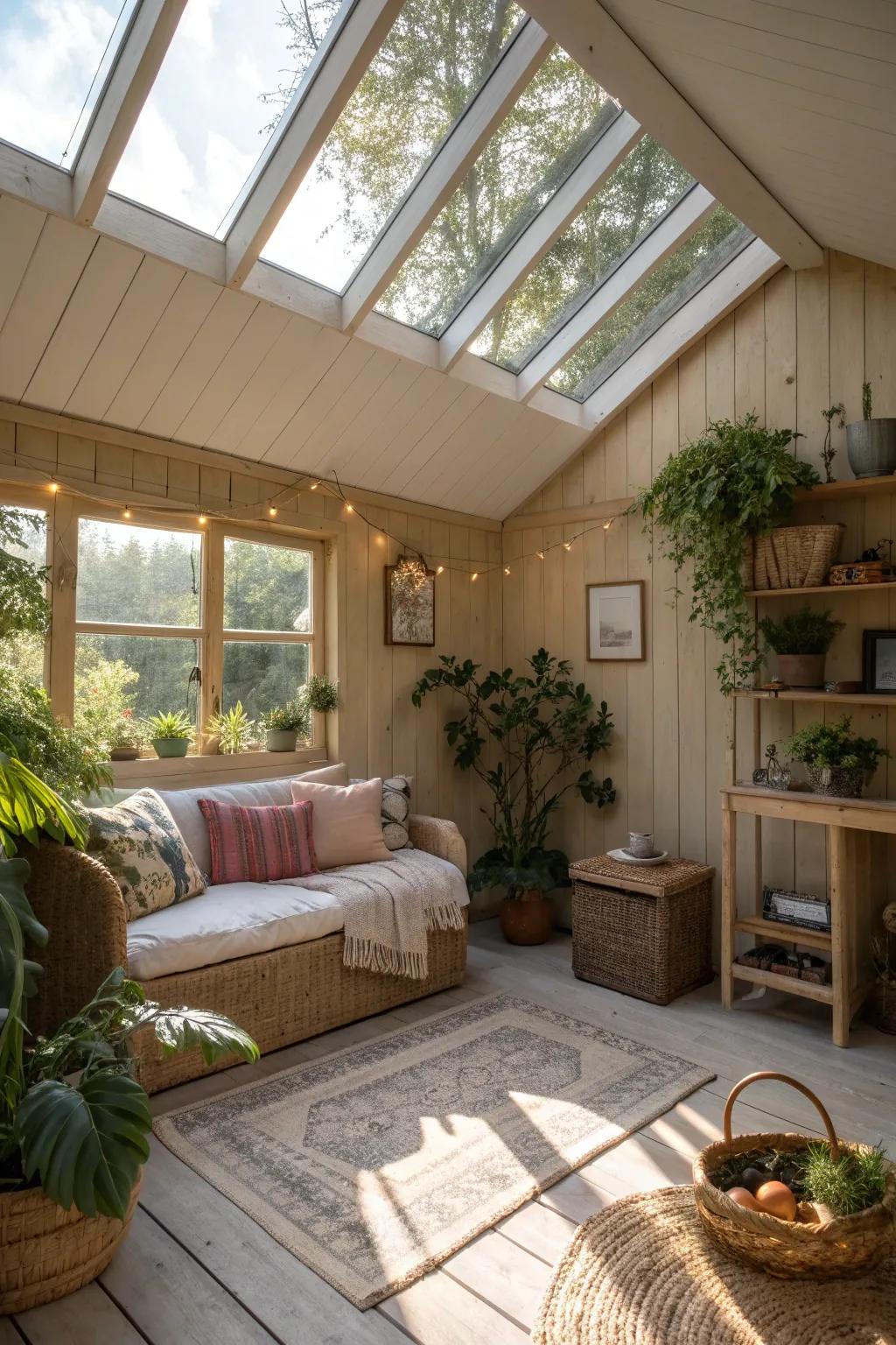 A she shed bathed in natural light with skylights.